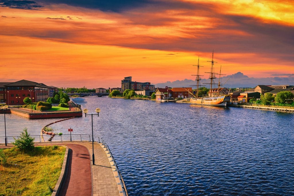 View of Stockton-on-Tees town centre and the river Tees. 