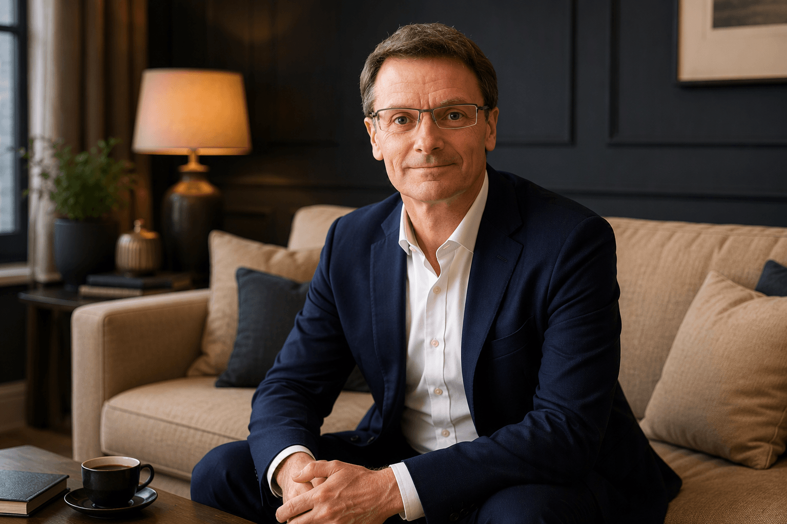 CEO Geoff Charles sat on a cream couch